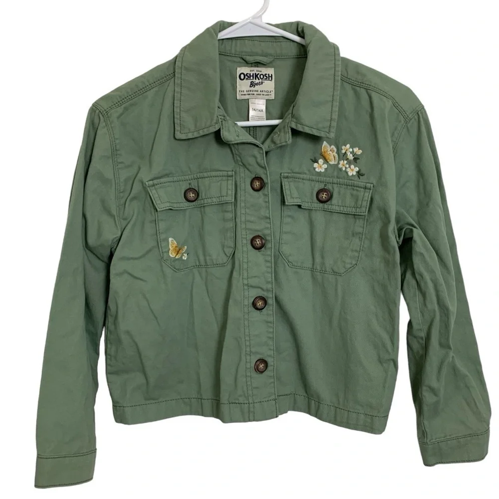 Oshkosh Girls Size 14 Button Front Shirt Shacket Jacket Embroidered Butterfly